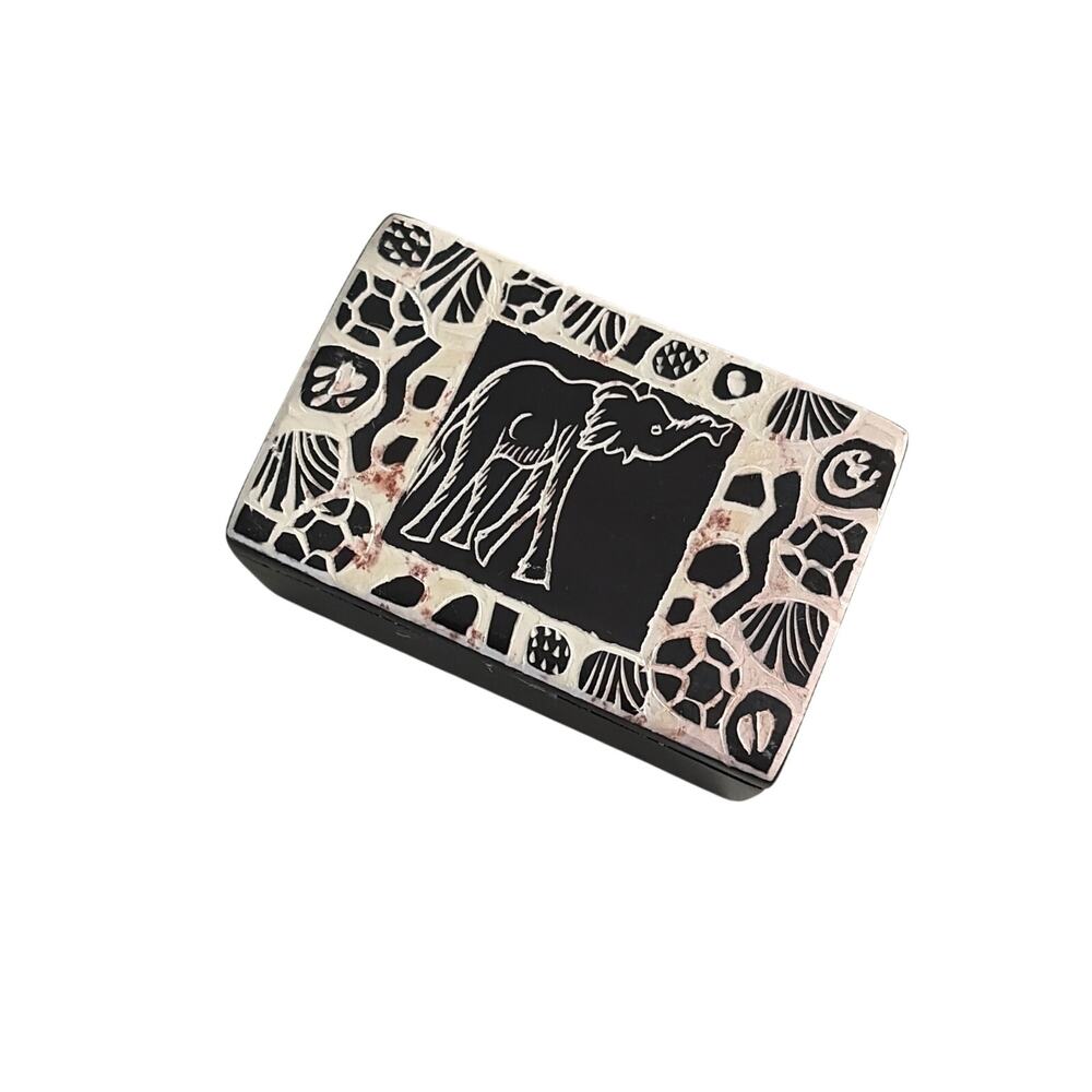 Vintage Hand-Carved Kenyan Soapstone Elephant Trinket Box